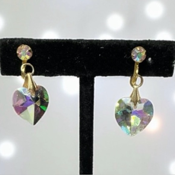 Vintage Jewelry - Vintage Aurora Borealis Heart Earrings